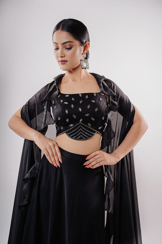 Bold Black Fancy Crop-Top, Umbrella Skirt, Flared Long Cape Ensemble