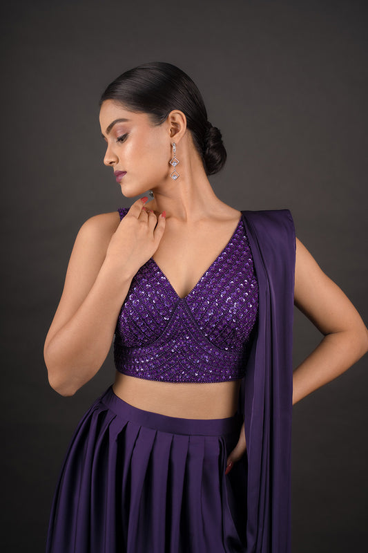 Crop-Top Embellished with Styled Sequence & Pleated Skirt Attached with Pallu