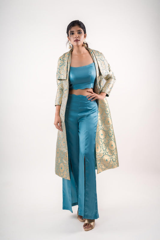 Cool Blue Crop-Top with Hem Waves & Pants with Slits & Belt Waves & Ideal Brocade Trench Coat Ensemble