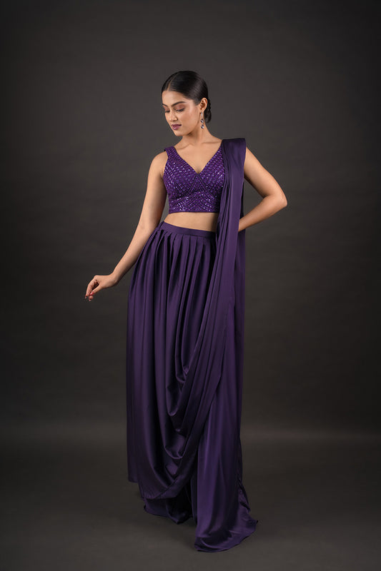 Crop-Top Embellished with Styled Sequence & Pleated Skirt Attached with Pallu